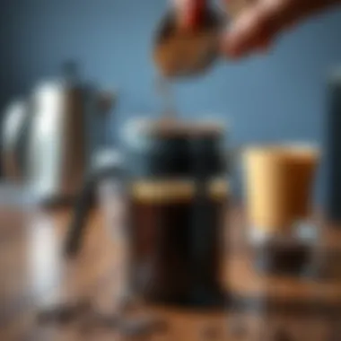 Perfectly Measuring Coffee Grounds for Brewing Coffee grounds being added to a French press