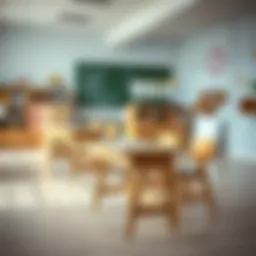 Elegant wooden children's study desk in a bright classroom
