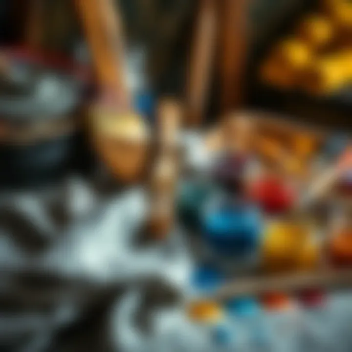 Artistic Fabric Dyeing Materials An artistic arrangement of fabric dyeing materials including brushes and dyes