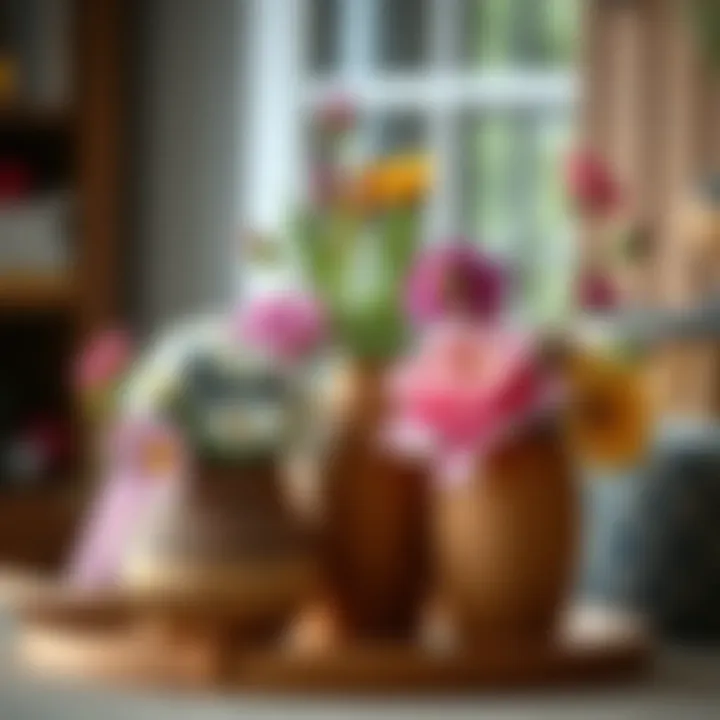 Artistic combination of wooden vases with seasonal flowers.