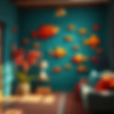 Vibrant Ambiance: Colorful Fish Decor Colorful fish wall decorations enhancing a vibrant room ambiance