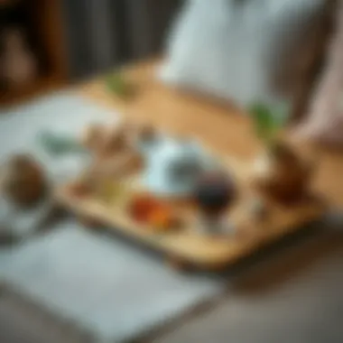 Rustic bamboo tea tray surrounded by herbal teas and decor elements