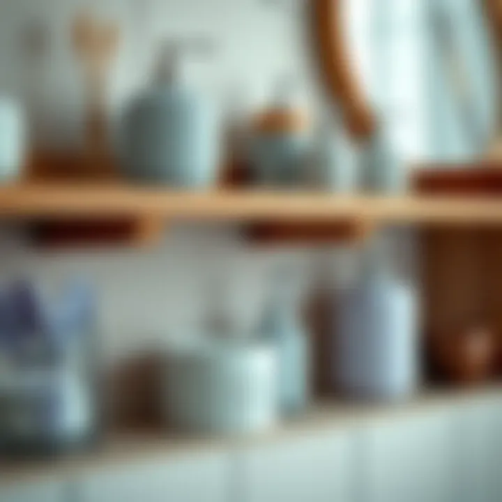 Bathroom Accessories on Wooden Shelf Close-up of wooden shelf showcasing bathroom accessories