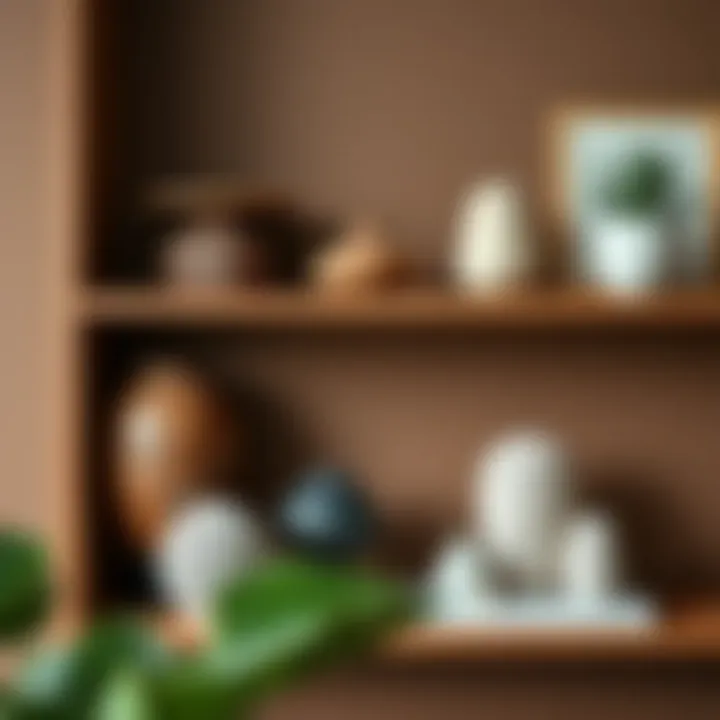 Decorative Items on Wooden Shelf Stylish wooden shelf displaying decorative items