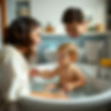 Parents assisting their child during bath time
