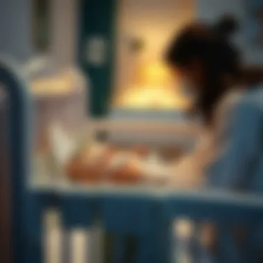 Parent lovingly placing baby into crib with sleep accessories