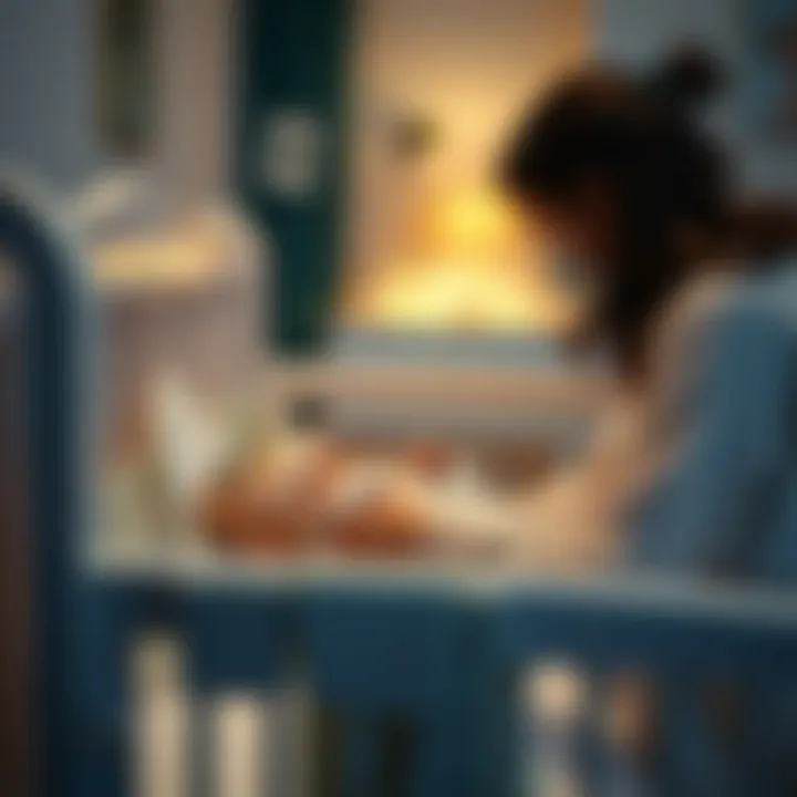 Parent lovingly placing baby into crib with sleep accessories