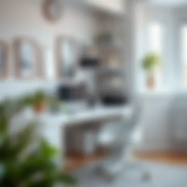 Well-organized workspace featuring a white desk and decorative elements