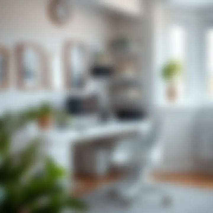 Well-organized workspace featuring a white desk and decorative elements
