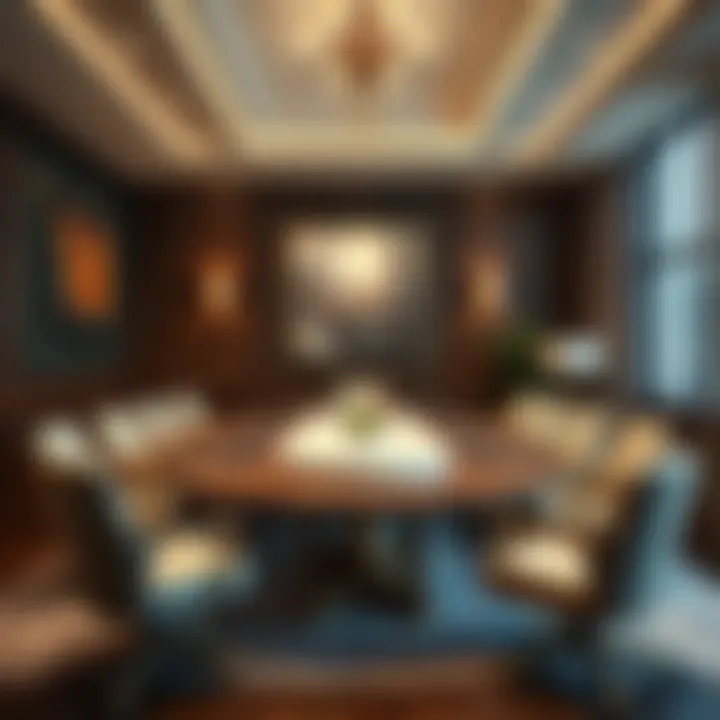 Elegant Meeting Room Setup An elegantly decorated meeting room featuring a large table