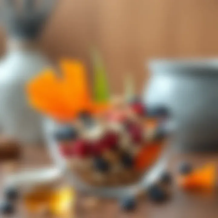 Stylish glass muesli bowl filled with colorful ingredients