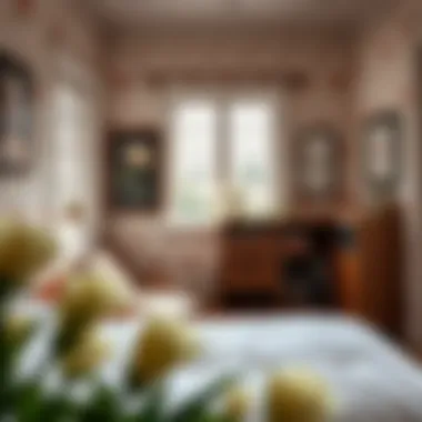 Charming Bedroom Decorated with Soft Flower Prints Charming bedroom featuring soft flower prints on the walls