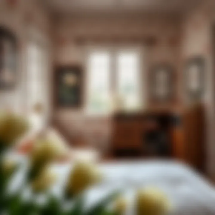 Charming Bedroom Decorated with Soft Flower Prints Charming bedroom featuring soft flower prints on the walls