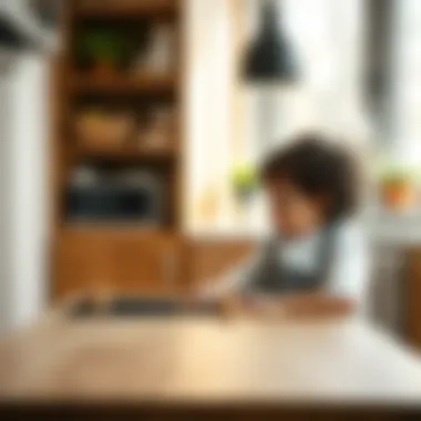 Child playing with a wooden kitchen counter toy