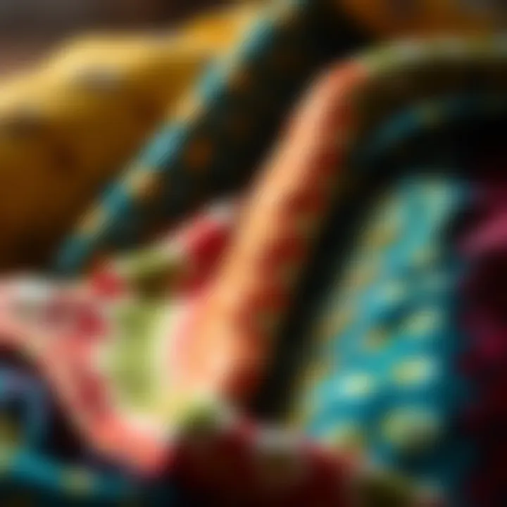 Diverse Dyeing Techniques and Patterns Close-up of colorful dyed fabrics demonstrating diverse techniques and patterns