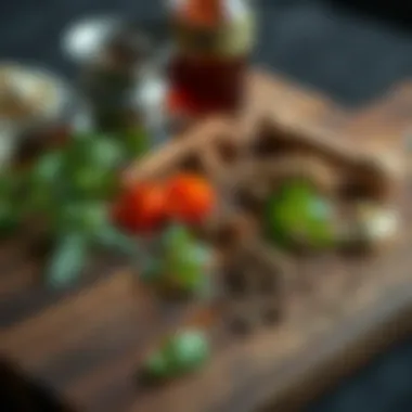 Close-up of a cutting board with herbs and spices