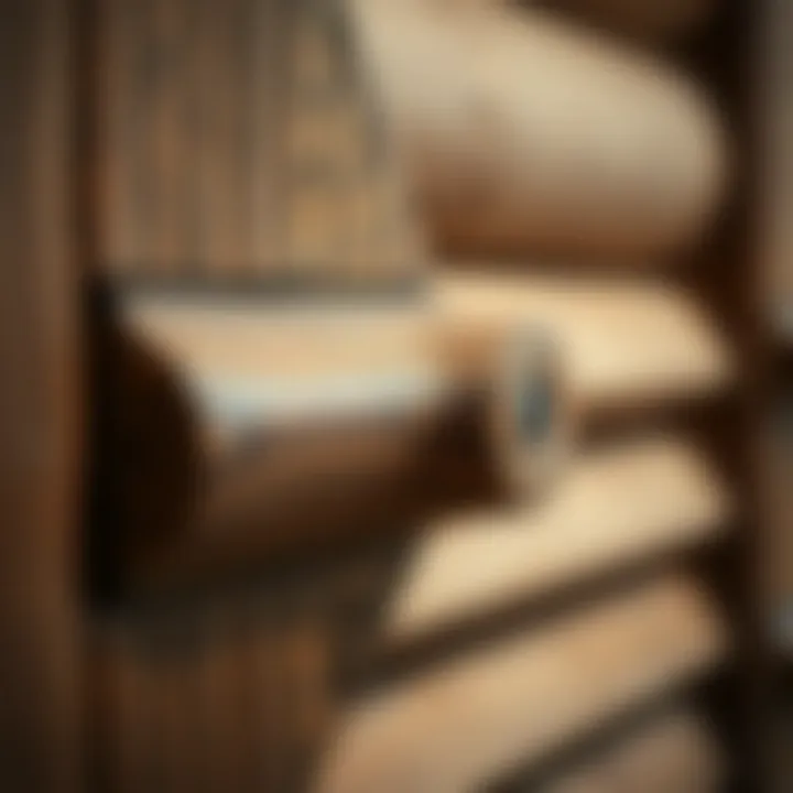 Close-up of a vintage wooden jalousie with unique grain patterns