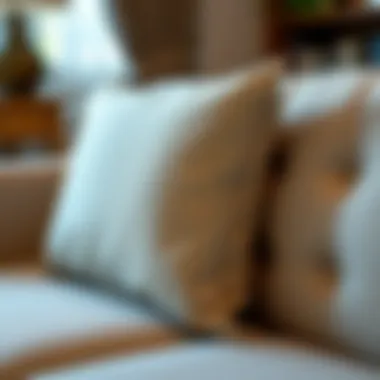 Close-up of a beautifully designed cushion on a double sofa