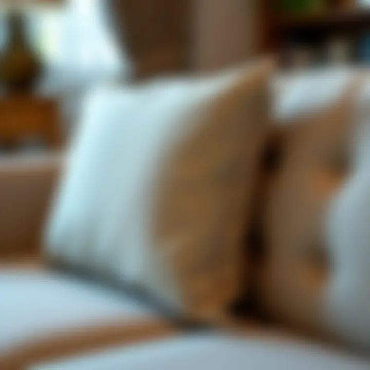 Close-up of a beautifully designed cushion on a double sofa