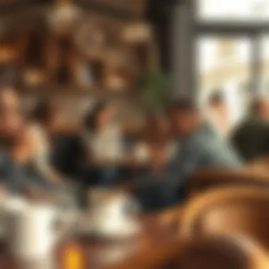 A vibrant café scene with customers engaging over coffee