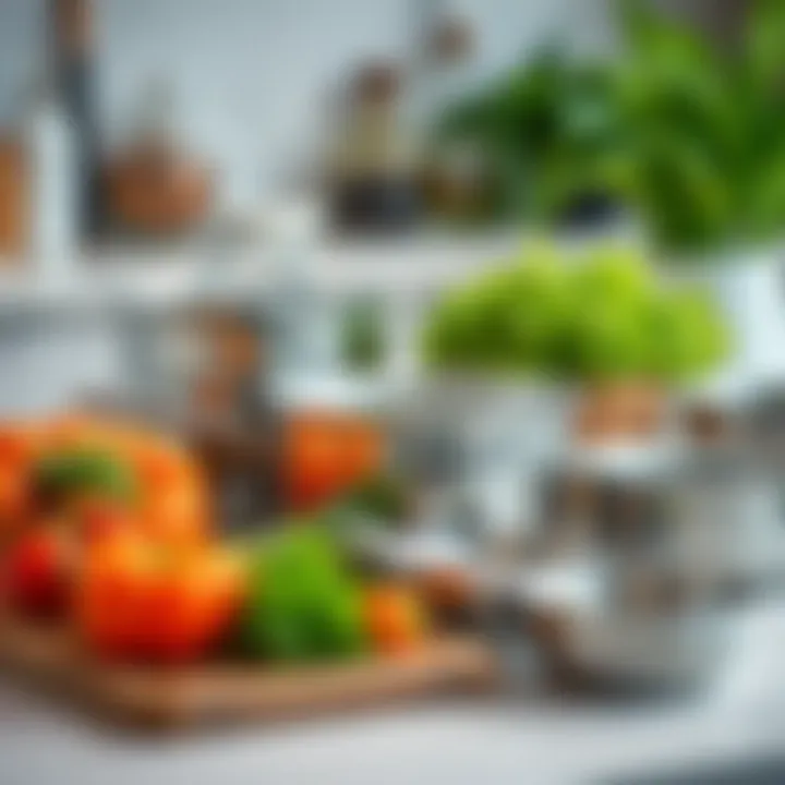 Stainless steel cookware set arranged with fresh vegetables and spices