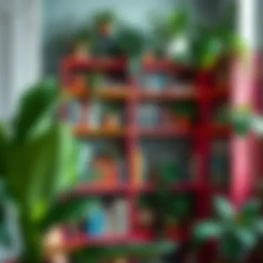 Vibrant Corner Bookshelf with Greenery Colorful corner bookshelf filled with books and plants