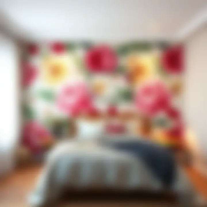 Cozy bedroom featuring a bold floral wall design