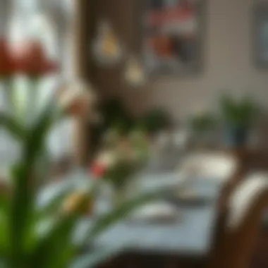 Cozy Dining Scene with Grey Table A cozy dining scene with a grey table adorned with flowers