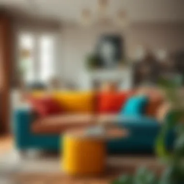 Stylish Multicolored Couch in Cozy Interior A cozy interior featuring a stylish multicolored couch