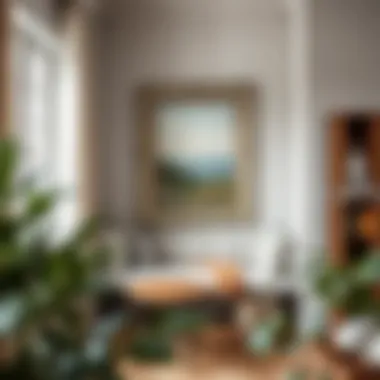 Cozy reading nook adorned with a mirror-framed painting