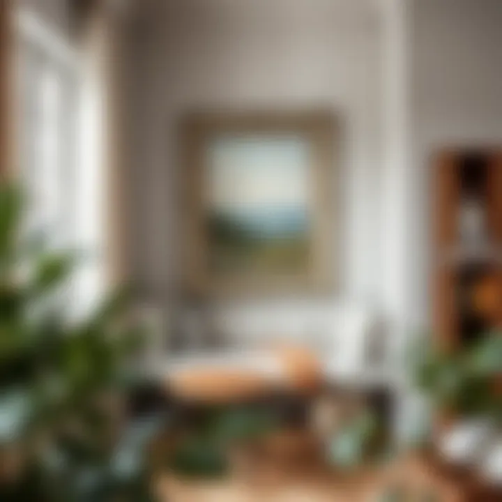 Cozy reading nook adorned with a mirror-framed painting