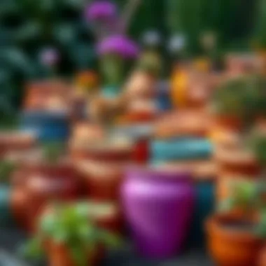 Colorful terracotta pots arranged in a garden