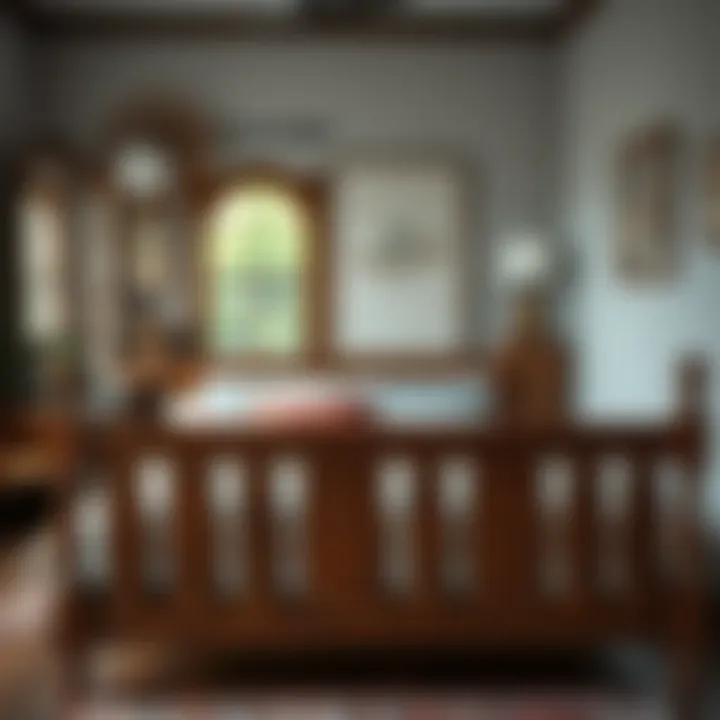 Decorative wooden bed railing in a cozy bedroom