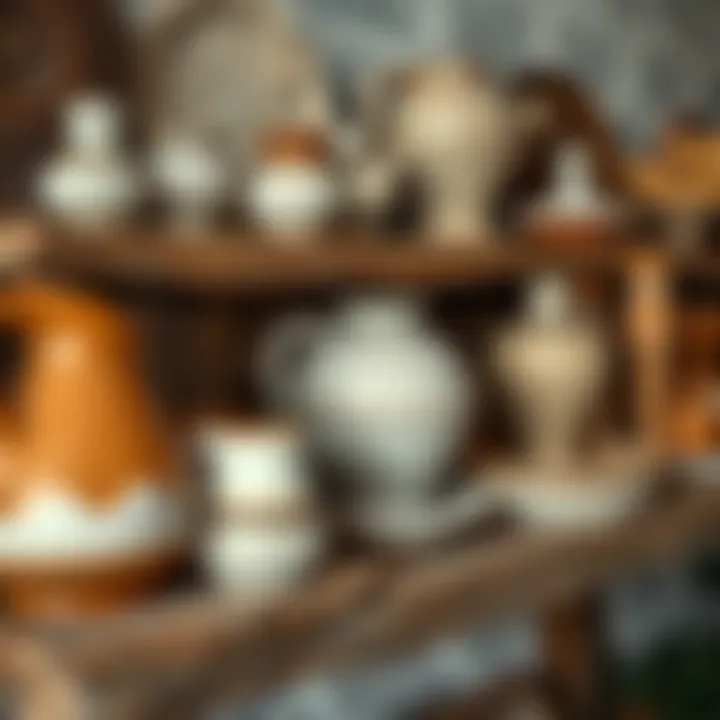 Unique handmade pottery displayed on a rustic shelf