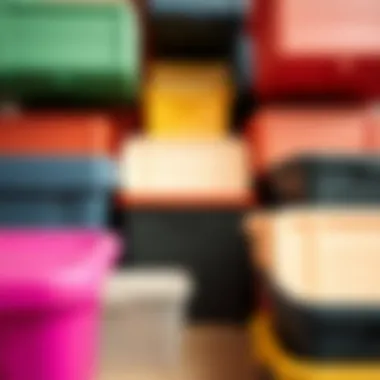 Different colors and sizes of large rectangular plastic containers arranged aesthetically