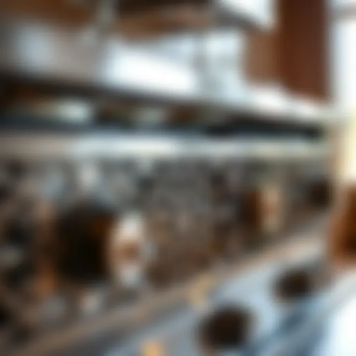 Close-up of the intricate design on a nine-burner stove