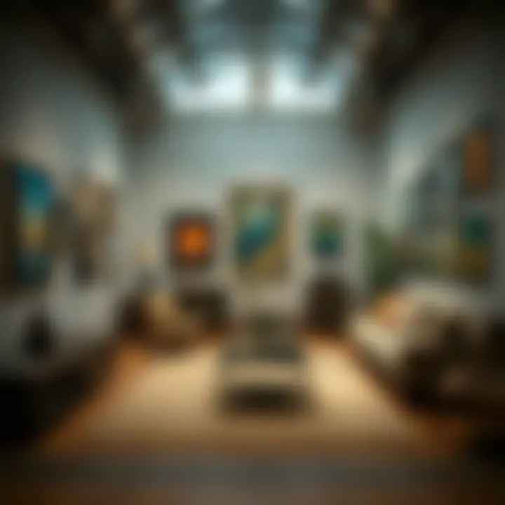 A collection of diverse artworks displayed in a stylish gallery setting