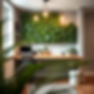 Stylish workspace enhanced with faux greenery on the walls