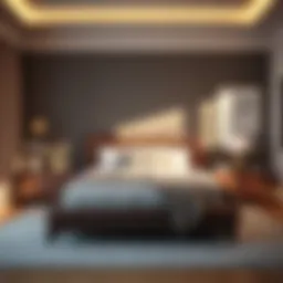 Elegant bed with stylish headboard in modern bedroom setup