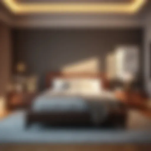 Elegant bed with stylish headboard in modern bedroom setup