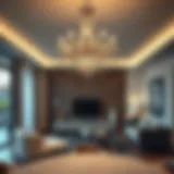 Elegant chandelier illuminating a modern living room
