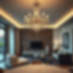 Elegant chandelier illuminating a modern living room