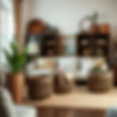 A stylish living room featuring vintage wicker baskets as decor