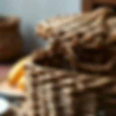 A close-up of an old wicker basket with a rustic finish