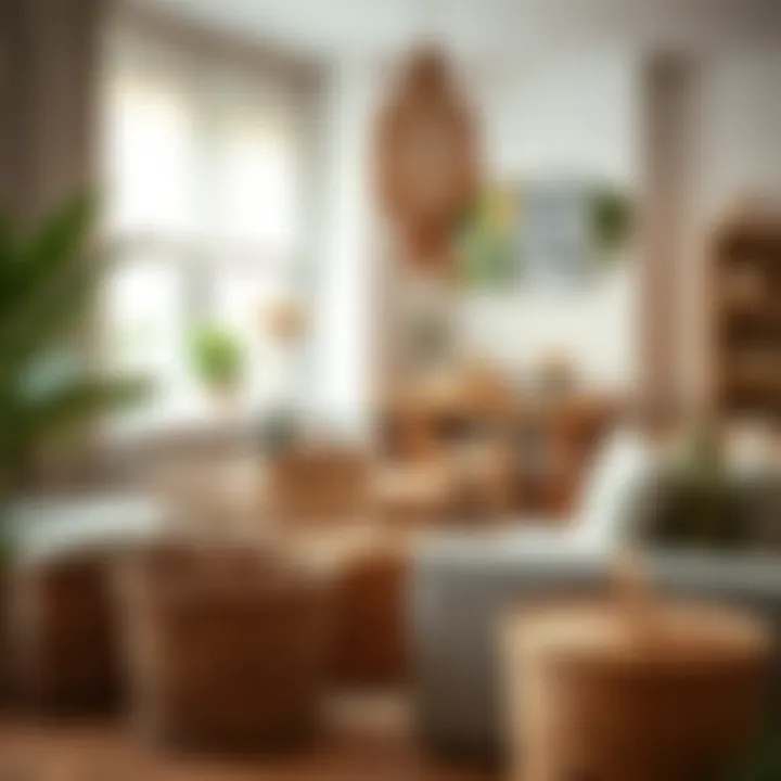 A modern home setting integrating old wicker baskets in decor