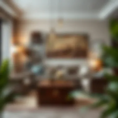 Artistic Living Room Decor Featuring Vintage Trunks Living room adorned with artistic vintage trunk decor