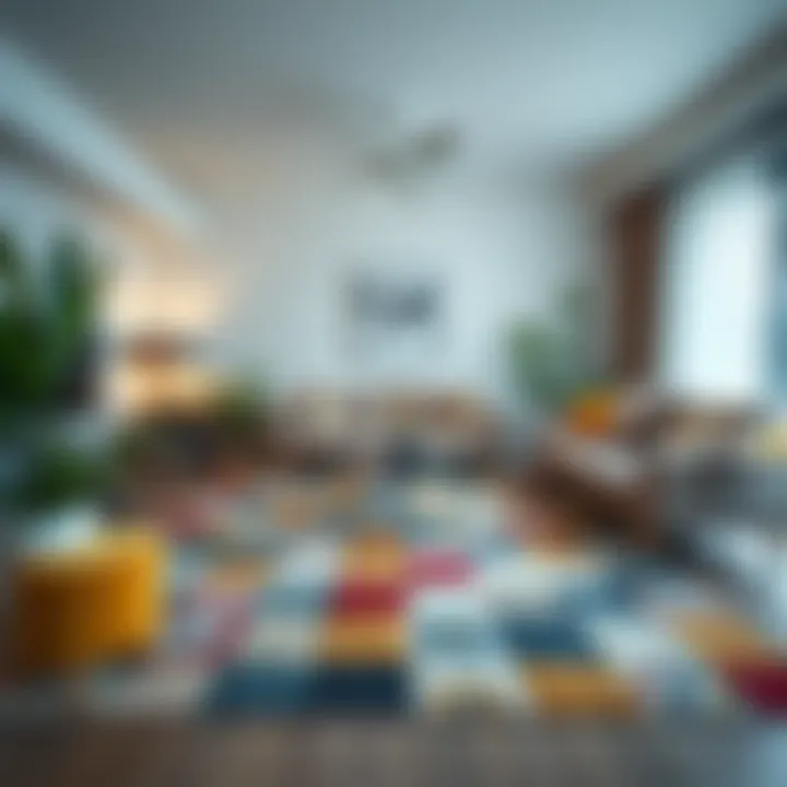 Patchwork Rug as a Focal Point in Modern Decor A modern living room featuring an eclectic patchwork rug as a focal point