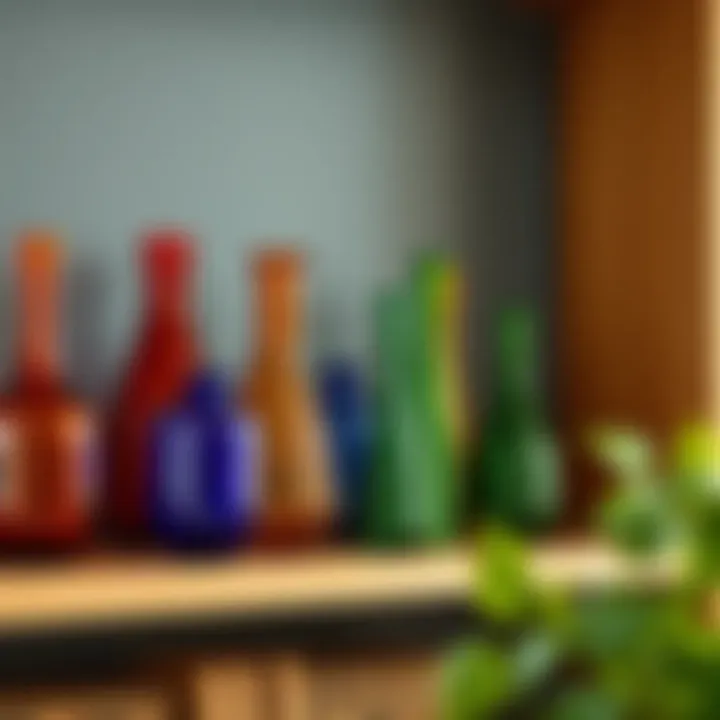 Colorful glass vases arranged on a wooden shelf, adding charm to the room