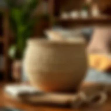 A Decorative Straw Basket in a Cozy Home Environment A completed straw basket displayed as a decorative piece in a cozy setting