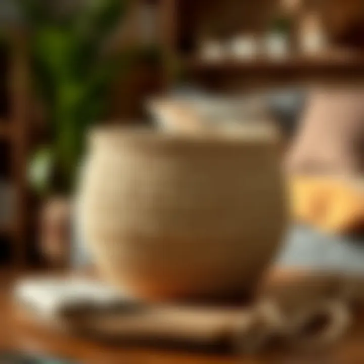 A Decorative Straw Basket in a Cozy Home Environment A completed straw basket displayed as a decorative piece in a cozy setting